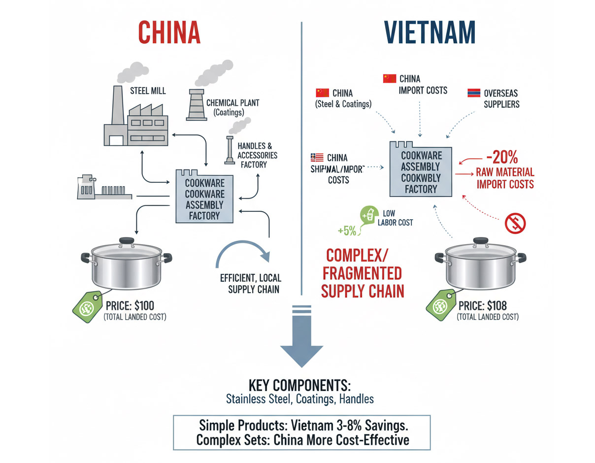 A side-by-side comparison of price tags for cookware from China and Vietnam