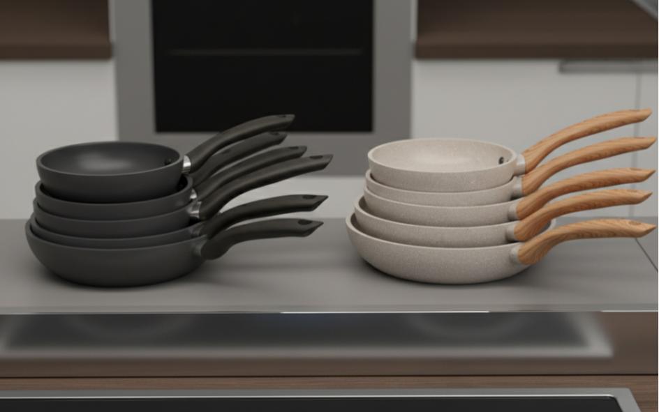 Two collections of non-stick pans side-by-side