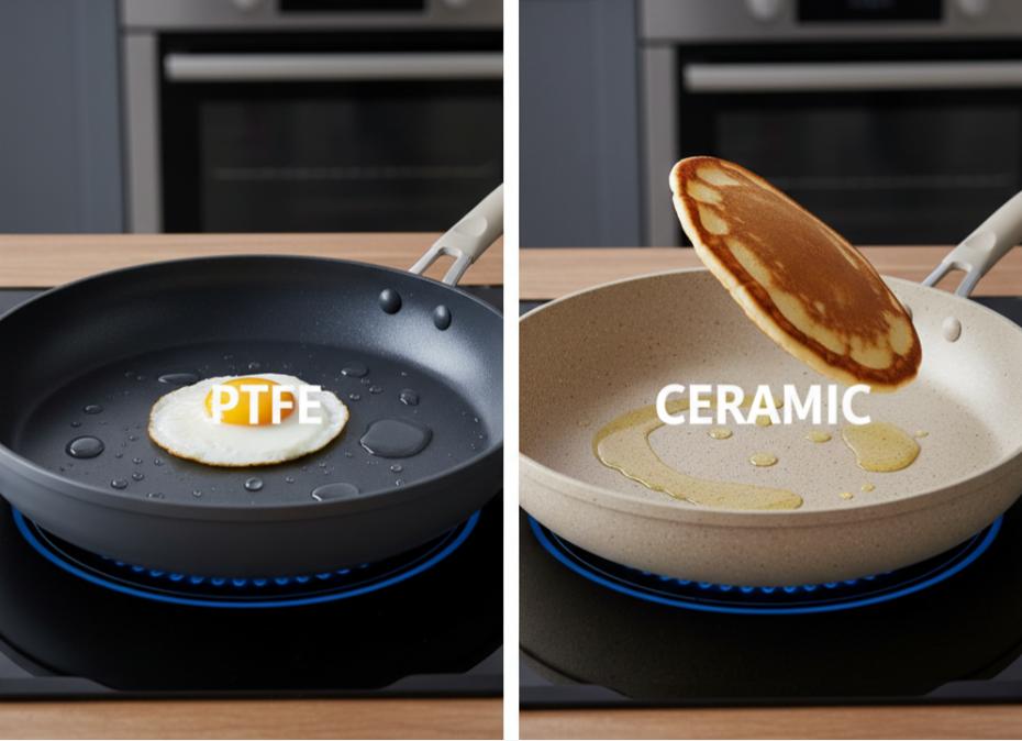 Non-stick pan comparison showing PTFE and ceramic surfaces