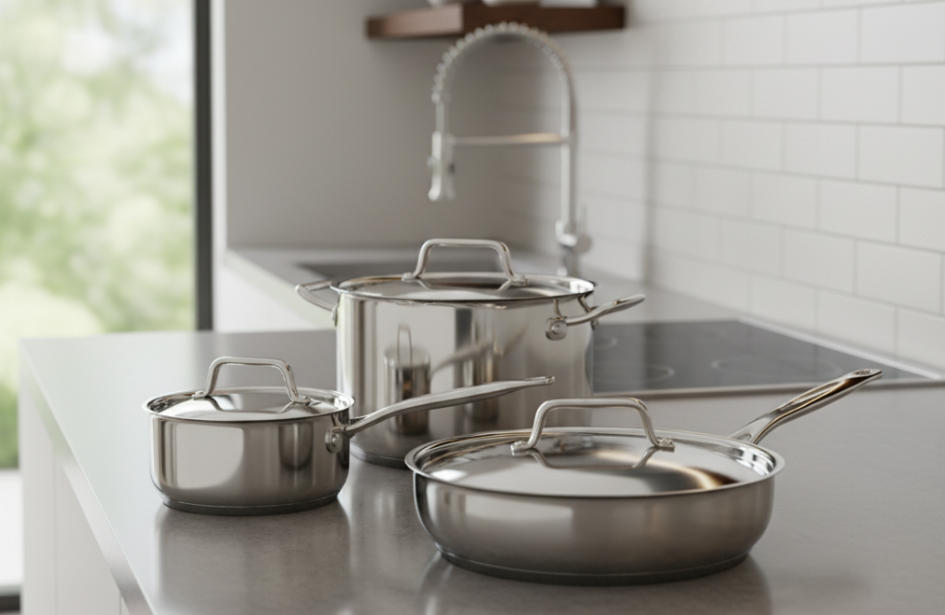 A shiny set of stainless steel cookware on a modern kitchen counter