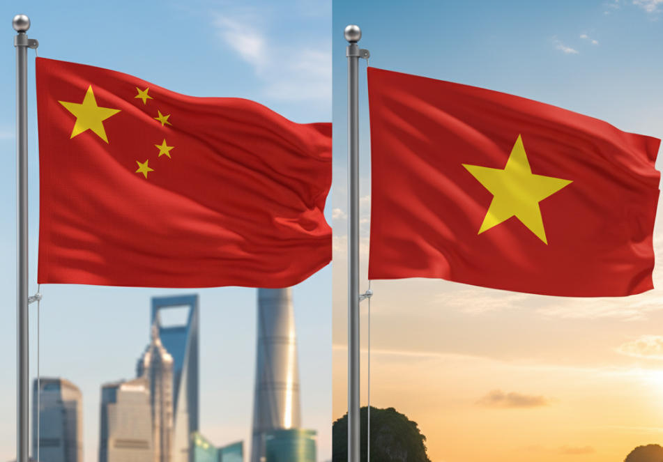 A map showing China and Vietnam with icons representing factories and shipping containers