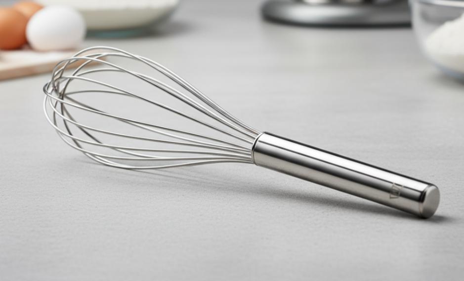 Close-up of a mirror-polished stainless steel whisk