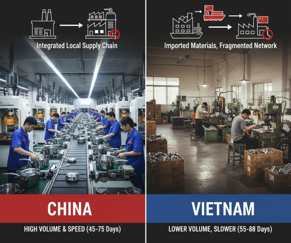 A factory assembly line in China next to a smaller workshop in Vietnam