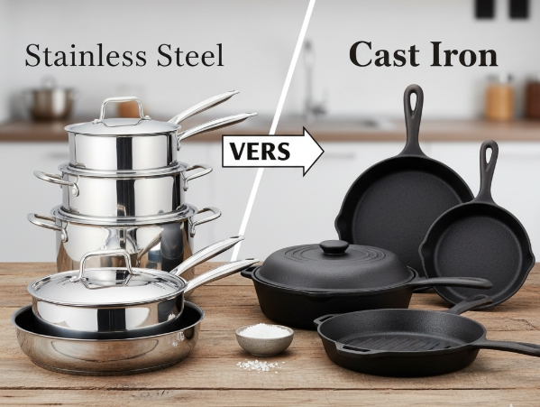 Side-by-side comparison of different cookware materials like stainless steel and cast iron
