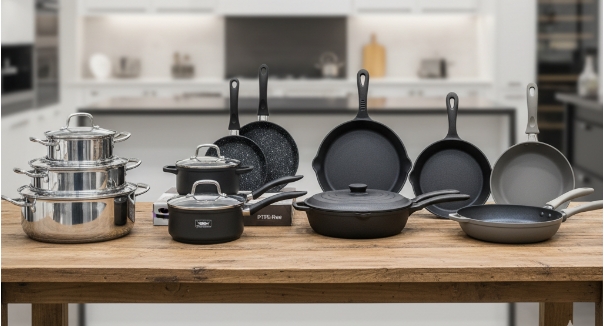 A diverse collection of stainless steel, non-stick, and cast iron cookware sets