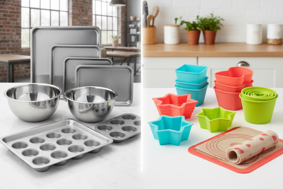 Silicone and stainless steel bakeware side-by-side