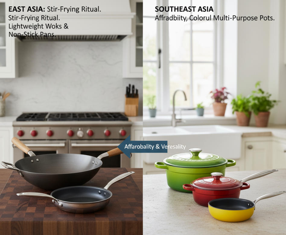 A classic carbon steel wok next to a small, brightly colored non-stick pot.