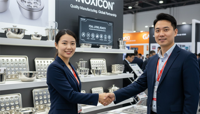 A purchasing manager shaking hands with a factory representative at a trade show.