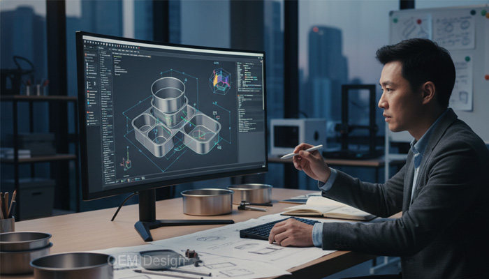 A designer reviewing detailed CAD drawings of a custom cake pan.