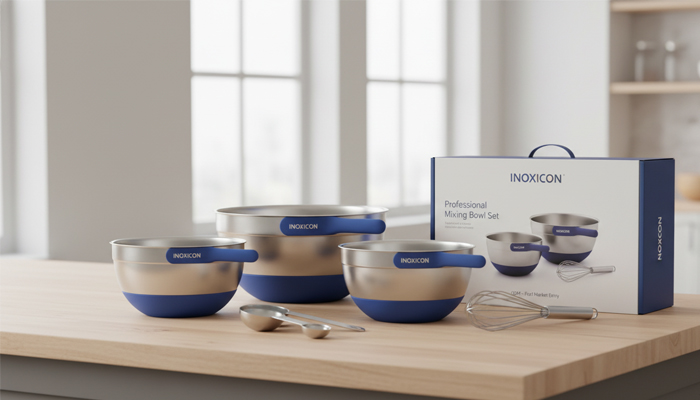 A branded mixing bowl set with custom packaging, ready for retail.