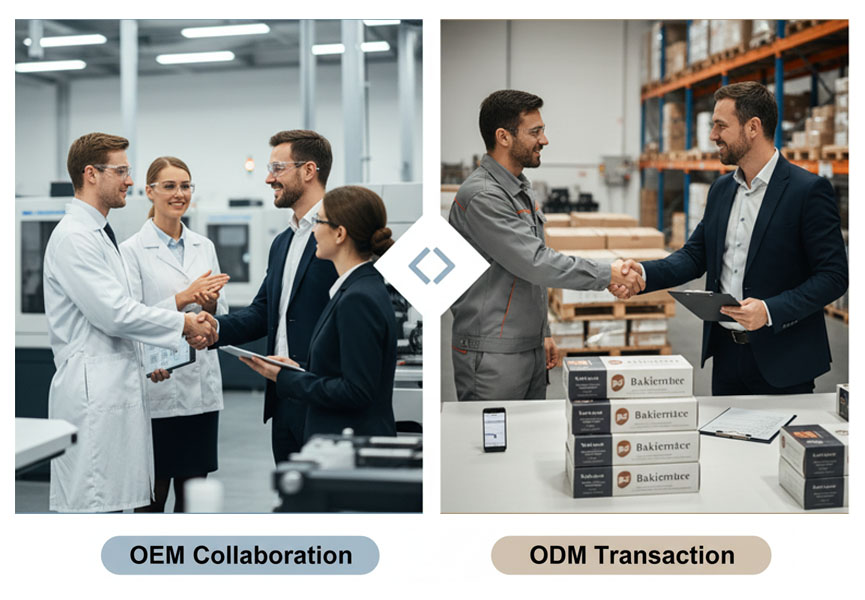 A business handshake in a modern factory setting