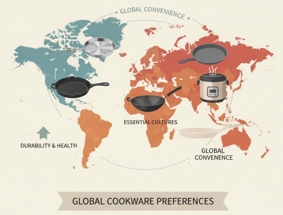 A world map with different types of cookware highlighted over various continents.