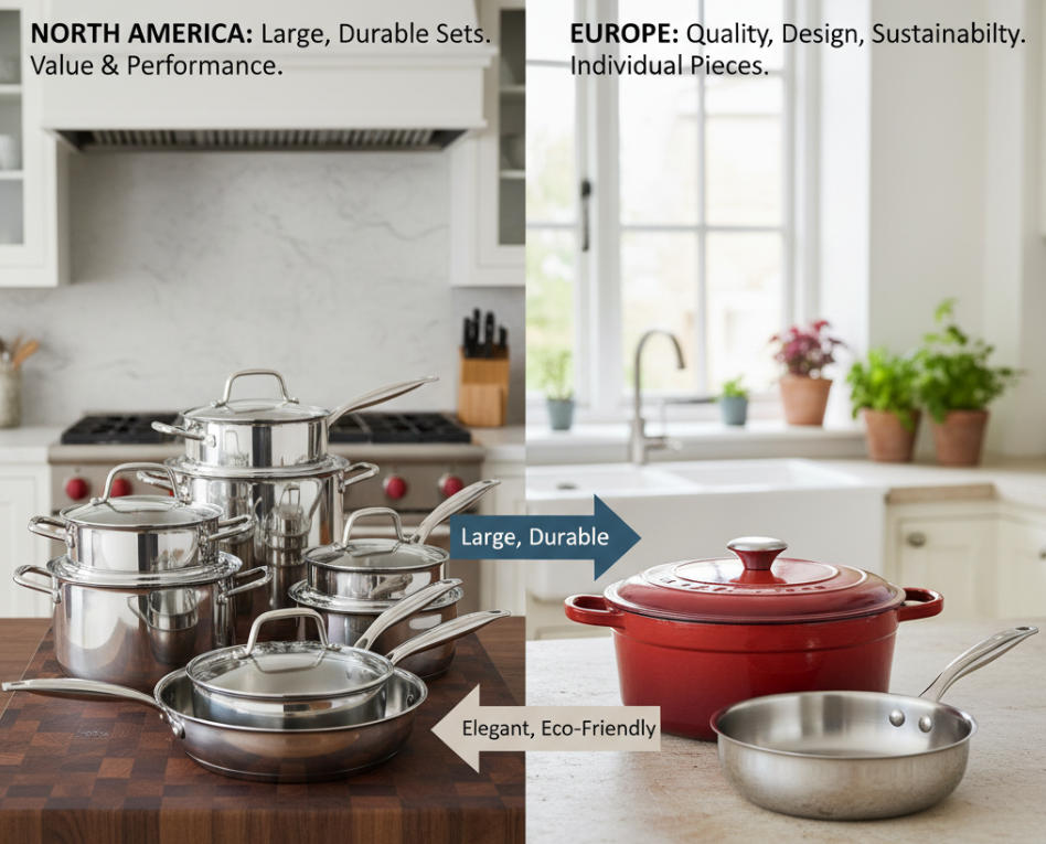 A sleek, large stainless steel cookware set next to a colorful, elegant enameled cast iron Dutch oven.