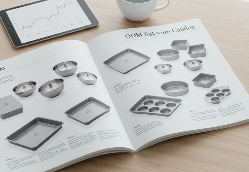 A catalog of pre-designed stainless steel mixing bowls and bakeware options