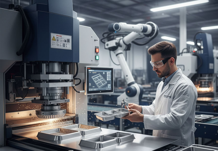 Custom-designed stainless steel baking sheet being manufactured in a factory