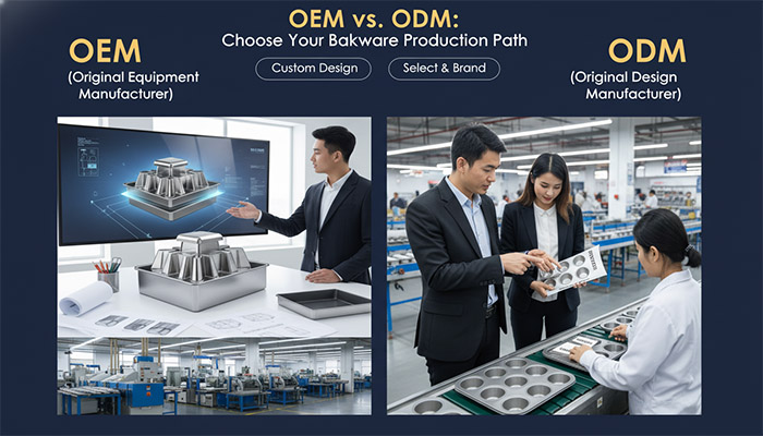A factory floor showing both custom-designed and standard bakeware being produced.
