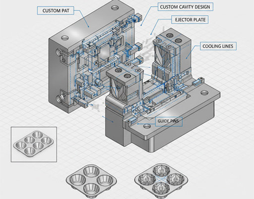 An engineering diagram of a custom bakeware mold