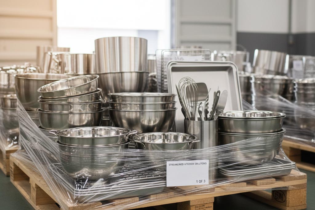 Various stainless steel kitchen products arranged together