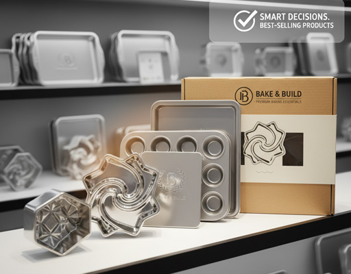 A display of custom stainless steel bakeware with unique logos and packaging