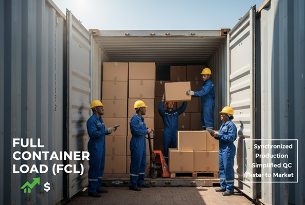 A shipping container being efficiently loaded with boxes of tableware