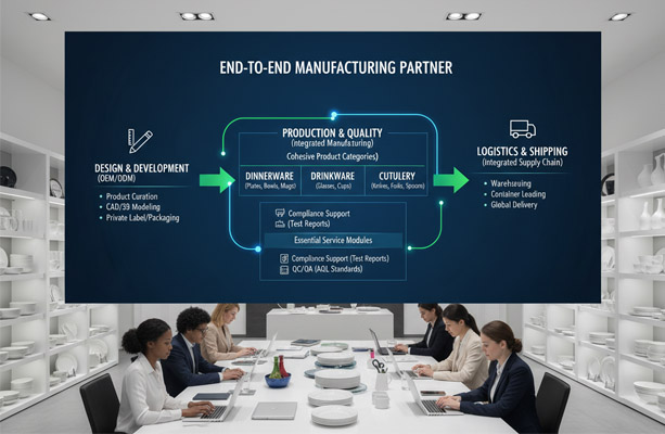 A diagram showing the flow from design to production to shipping with one partner