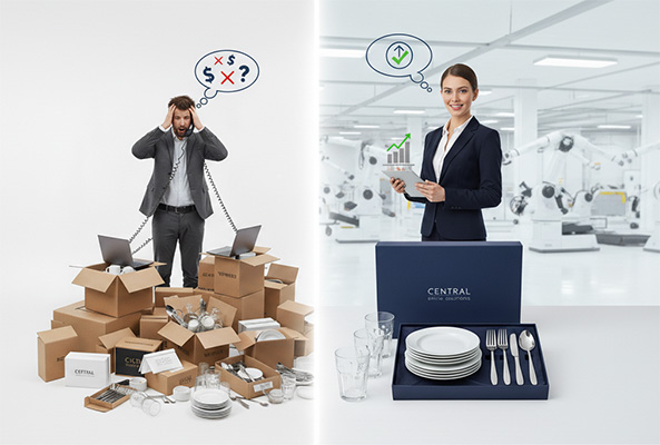 A coordinated set of stainless steel dinnerware, drinkware, and cutlery