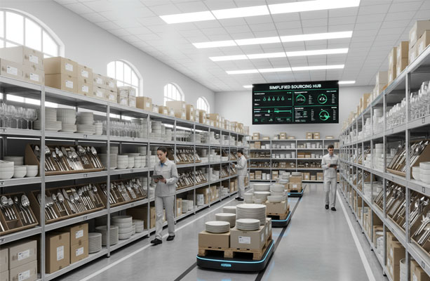 A streamlined warehouse showing organized tableware inventory