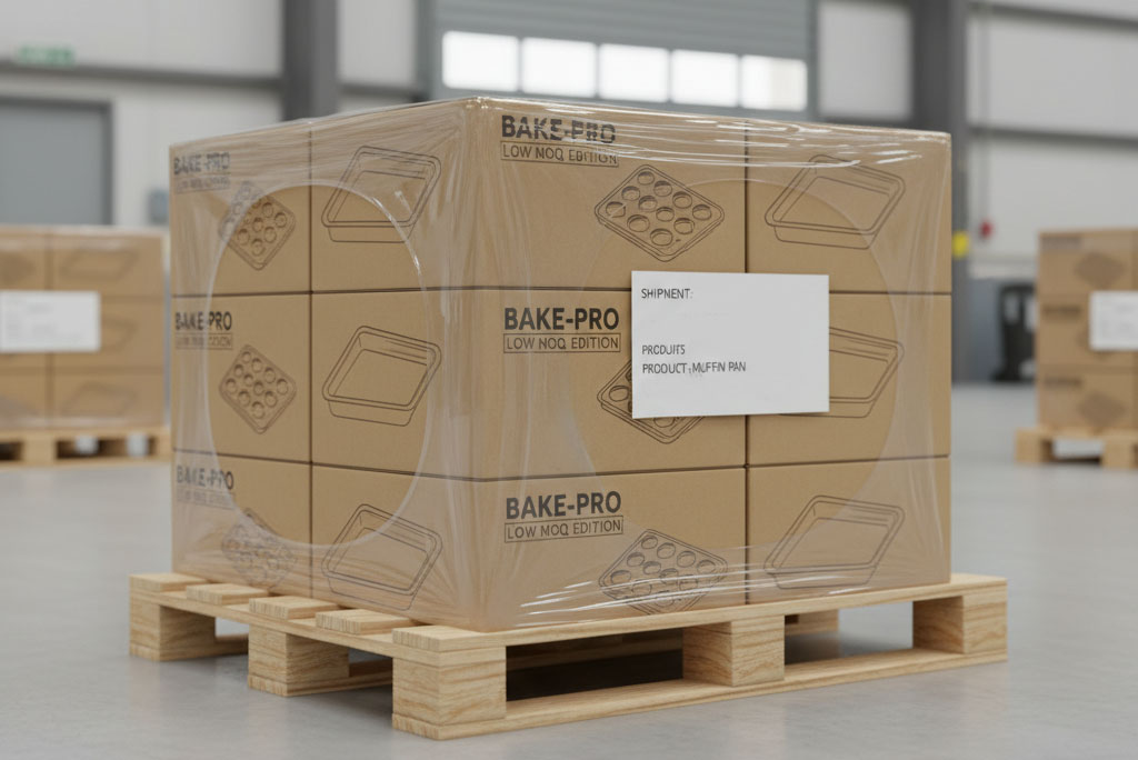 A small stack of packaged stainless steel bakeware ready for shipping