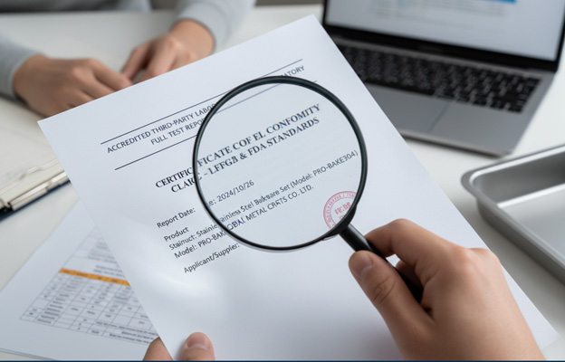 A person using a magnifying glass to inspect a compliance document, representing careful verification of a supplier's claims.
