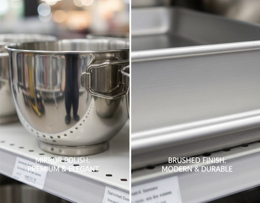 A side-by-side comparison of mirror polish and brushed finish on bakeware
