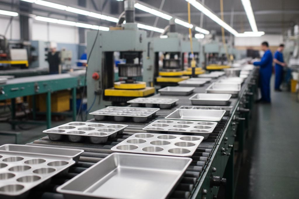 A collection of stainless steel bakeware on a production line