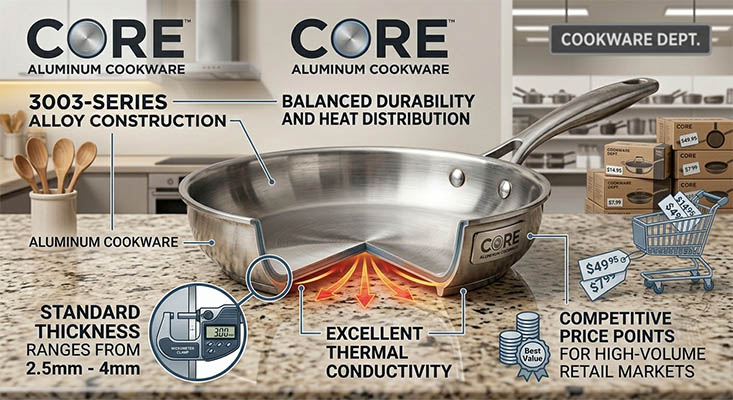 Core aluminum cookware construction