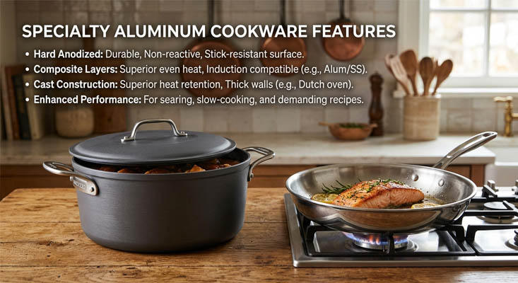 Specialty aluminum cookware features