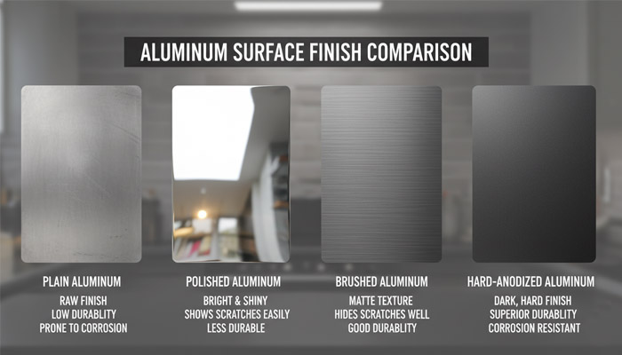 Different aluminum finish types side by side