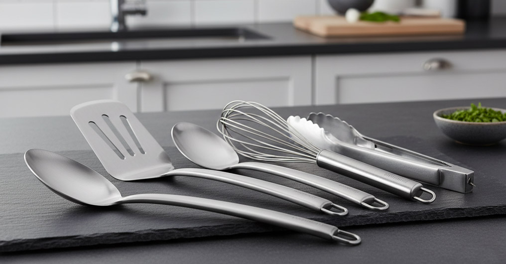 Brushed stainless steel kitchen utensils