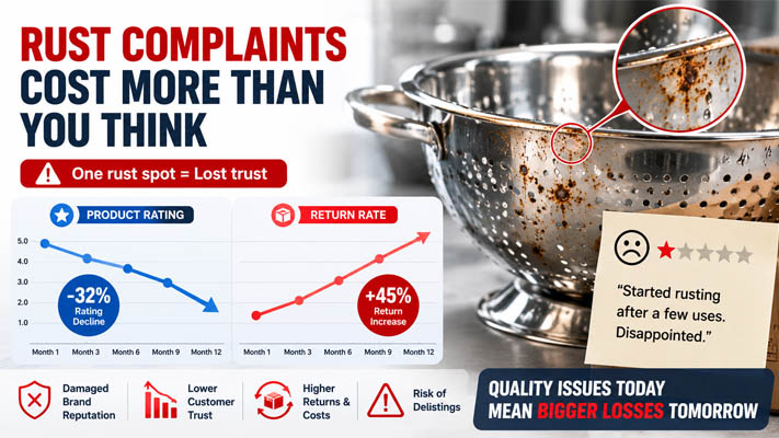 A chart showing declining product ratings and increasing return rates due to quality complaints.