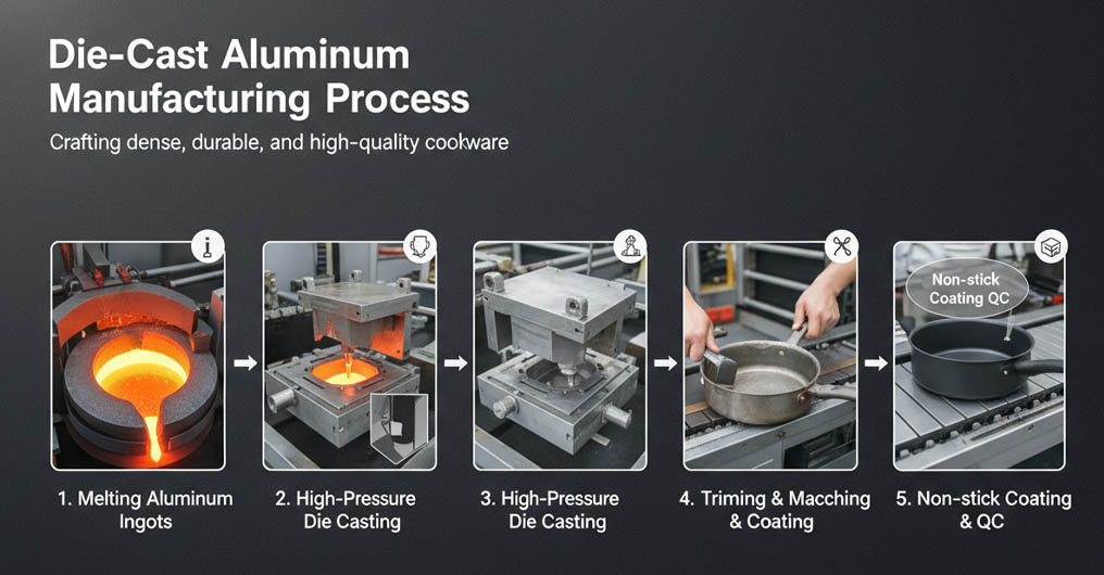 Die-cast aluminum cookware construction