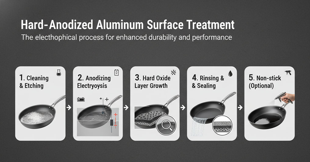 Hard-anodized aluminum cookware surface