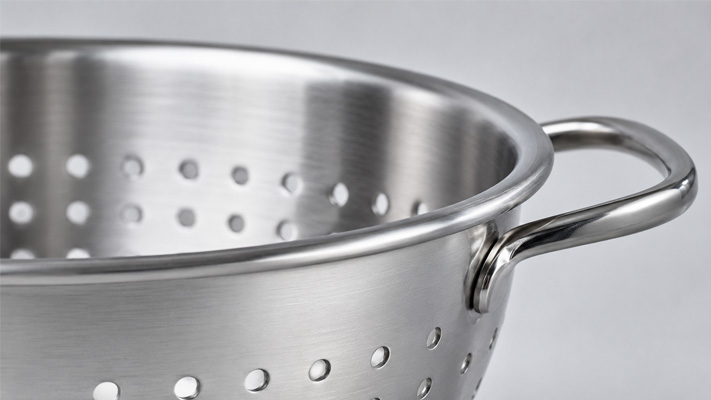 A detailed macro shot of a well-made colander's smooth, rolled rim and cleanly punched holes.
