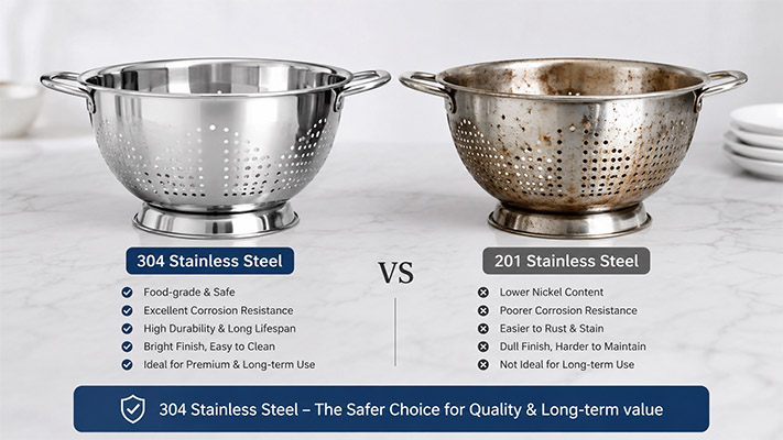A shiny, new 304 stainless steel colander next to a 201 steel colander with rust spots.