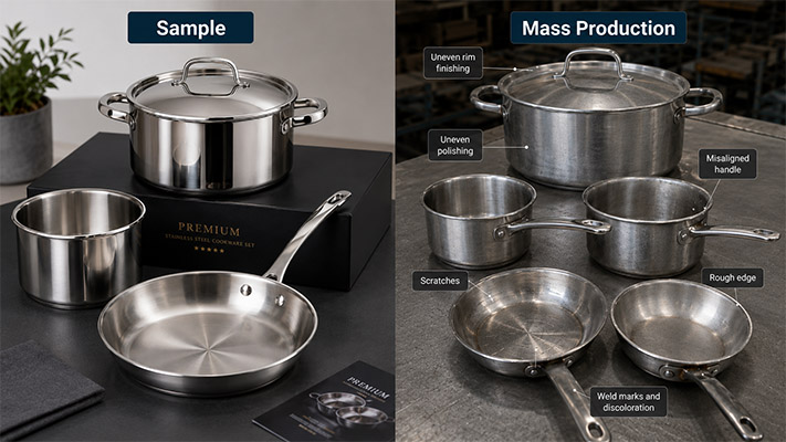 Cookware sample vs mass production quality comparison