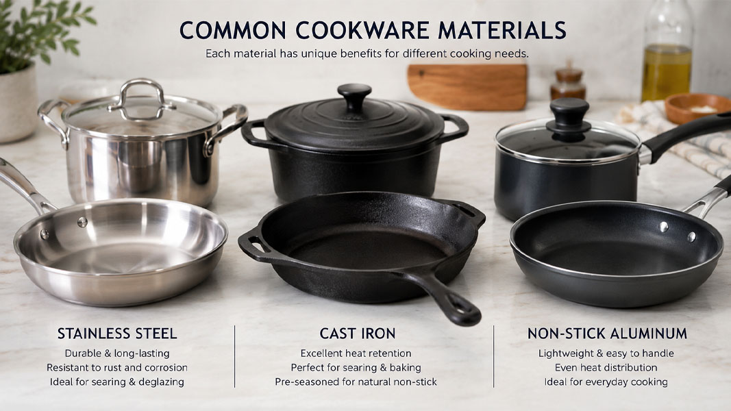 A detailed shot of different cookware materials like stainless steel, cast iron, and non-stick aluminum