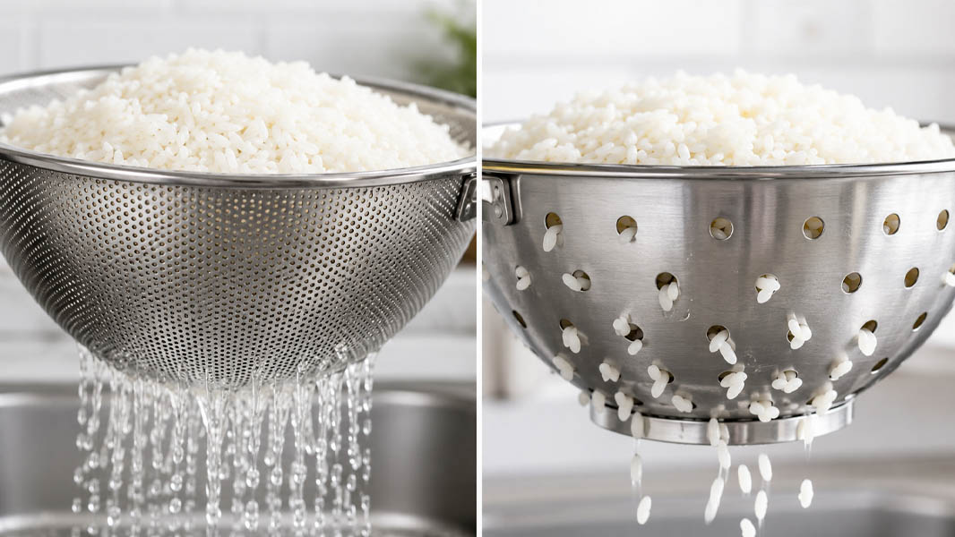 A close-up of a micro-perforated colander draining rice, compared to a large-hole colander.