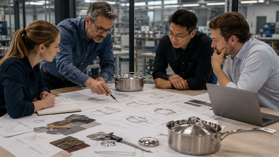 Engineers and designers collaborating over a new cookware blueprint