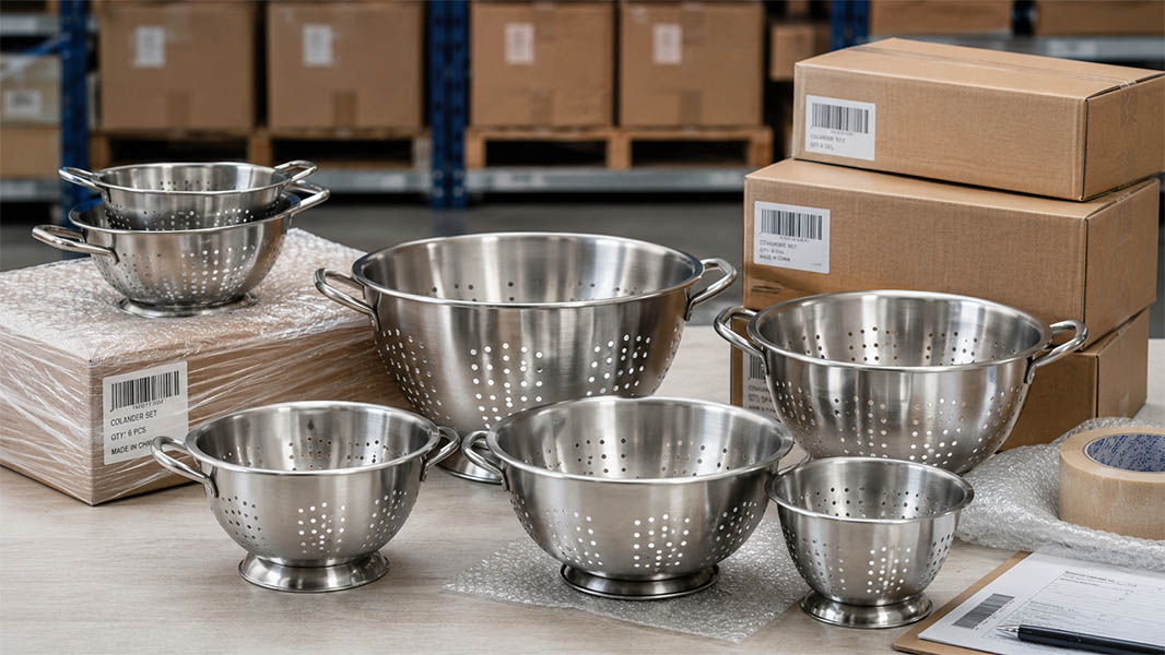 A collection of high-quality stainless steel colanders ready for Amazon FBA.