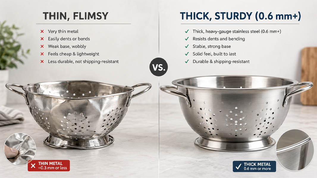 A side-by-side comparison of a thin, flimsy colander and a thick, sturdy one.