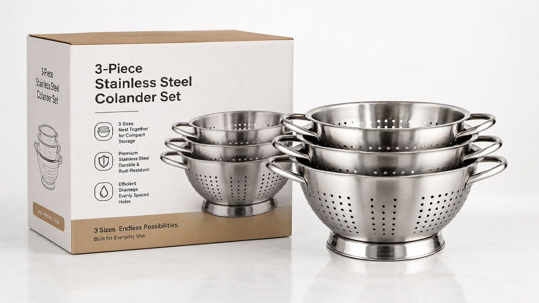 A 3-piece nesting colander set with packaging.