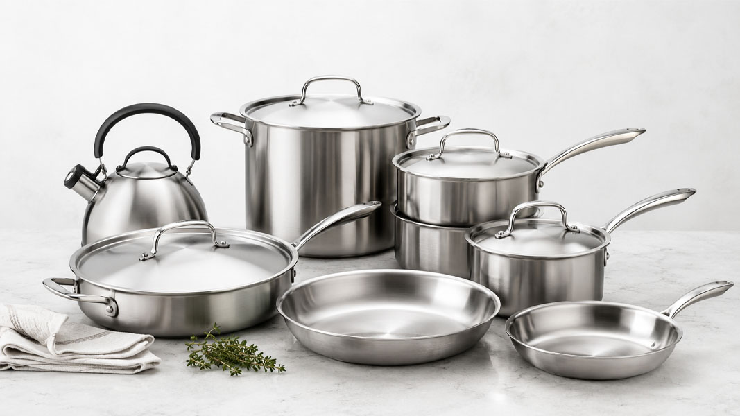 A collection of stainless steel cookware