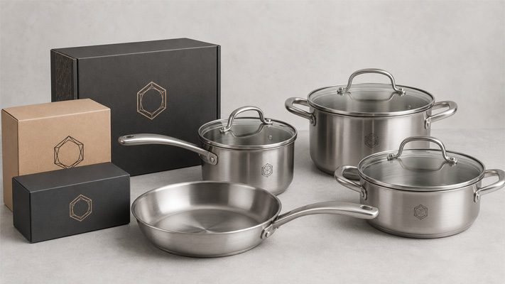 low MOQ private label cookware set with custom logo packaging